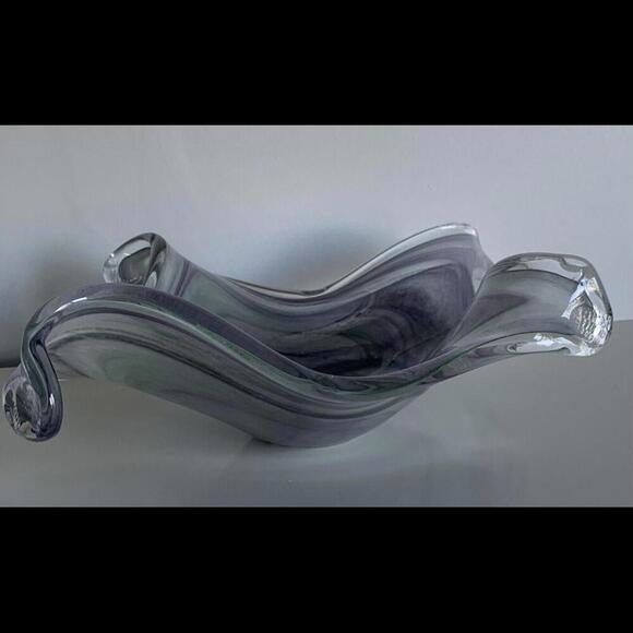 19” Murano Style Handblown Glass Bowl Ribbon Vase Wave Ribbed Purple Green Glass - Picture 1 of 15